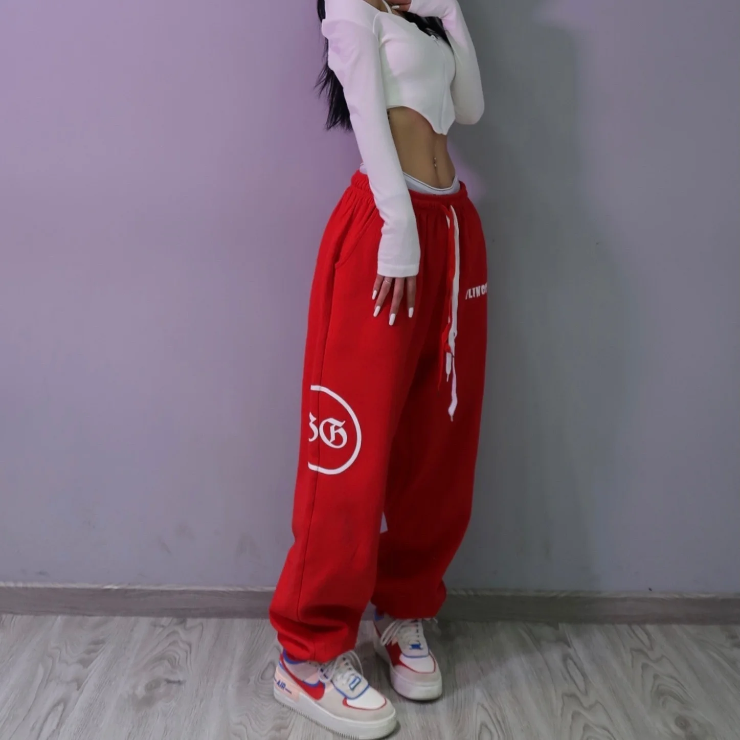 

Baggies Hip-hop High-waist Casual Pants Red Large Size Fried Street Sweat pants Loose Korean Style Women Bottoms Pants 2020