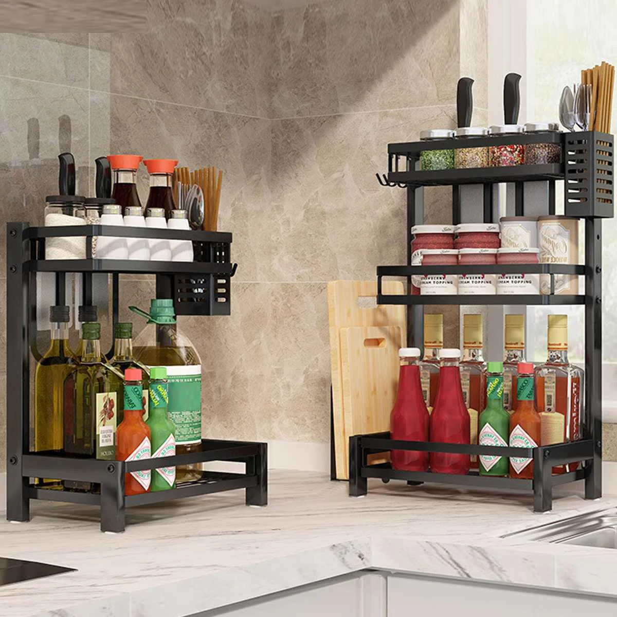 

2/3 Layers Kitchen Rack Spice Organizer Multi-function Wall Hanging Floor Stainless Steel Knife Holder Storage Shelf Countertop