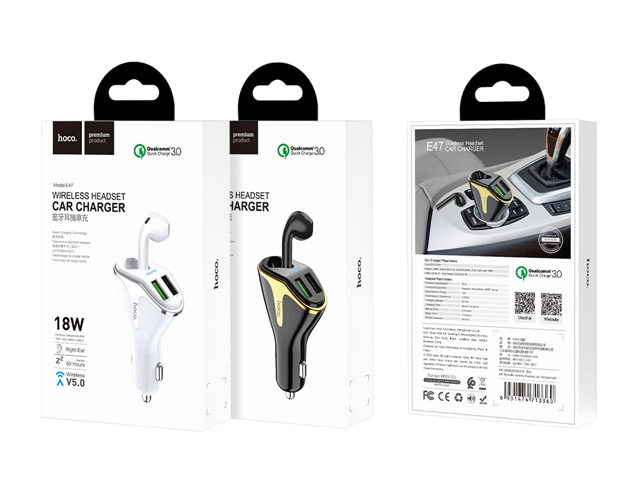 hoco автомобильное зарядное устройство два USB для QC3.0 FCP AFC 18W 3.1A беспроводная гарнитура правое ухо наушник с микрофоном юсби адаптер для машины юсб быстрая зарядка телефона универсальный зарядник в авто