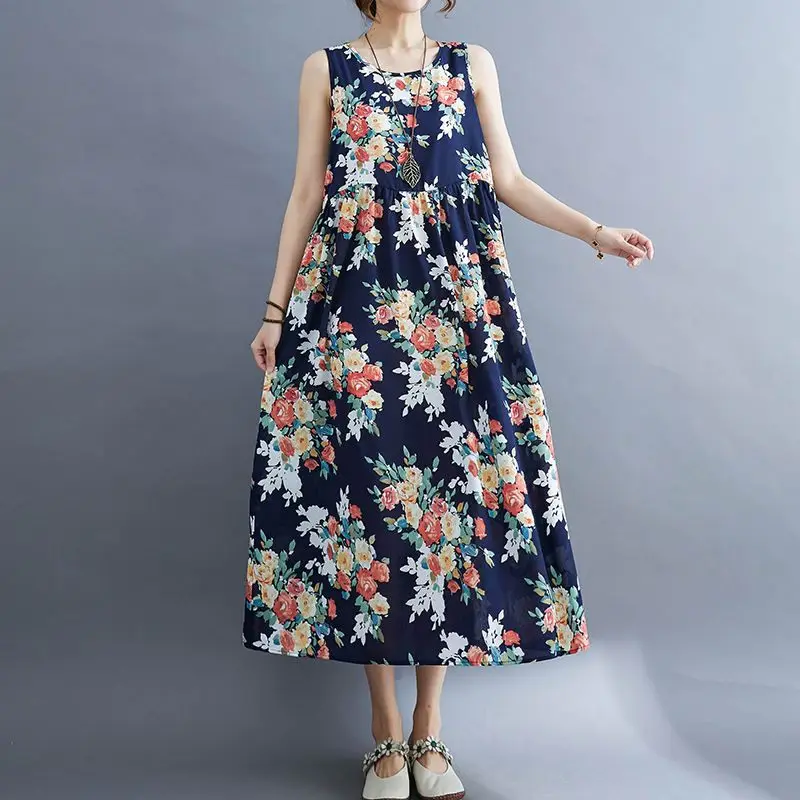 

Vintage Summer Dress Female 2021 Korean Fashion Mid-Length Flower Loose Vest Dress Beach Sleeveless Women Casual Clothing zh1016