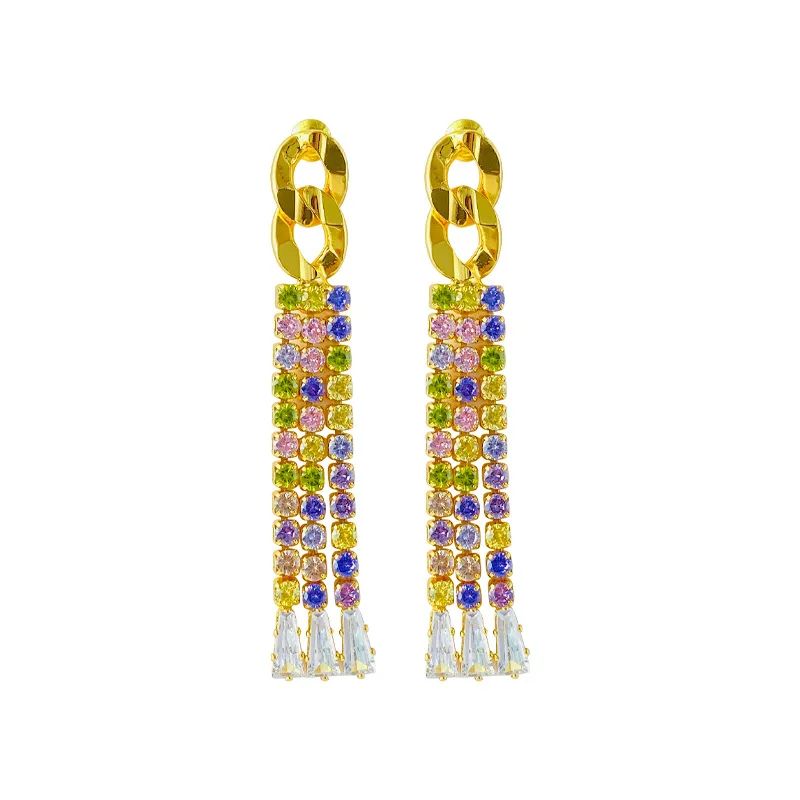 

Color Tassel Earrings female European and American temperament micro inlaid zirconium stone chain French minority Earrings batch