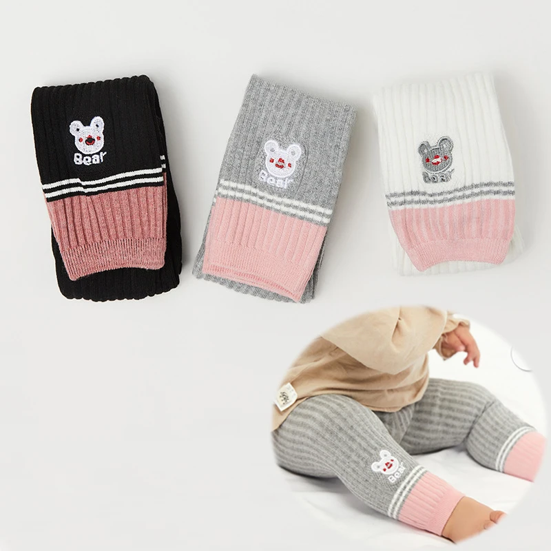 Осенне зимние мягкие трикотажные детские колготки с вышивкой медведя для