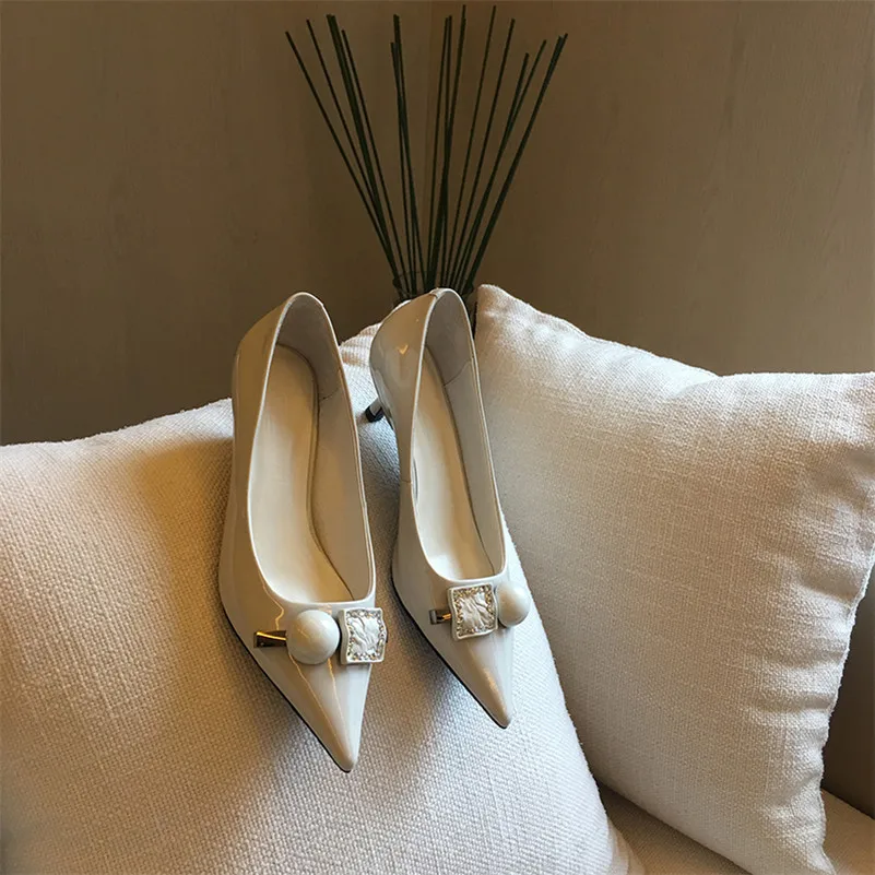 

Meotina Pointed Toe Women Shoes Genuine Leather Mid Heel Pumps Crystal String Bead Fashion Shoes Stiletto Heels Footwear Pink