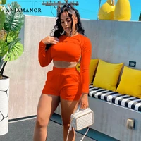 anjamanor sexy two piece set open back long sleeve crop top and shorts sets 2021 womens clothing orange matching sets d7 ce28