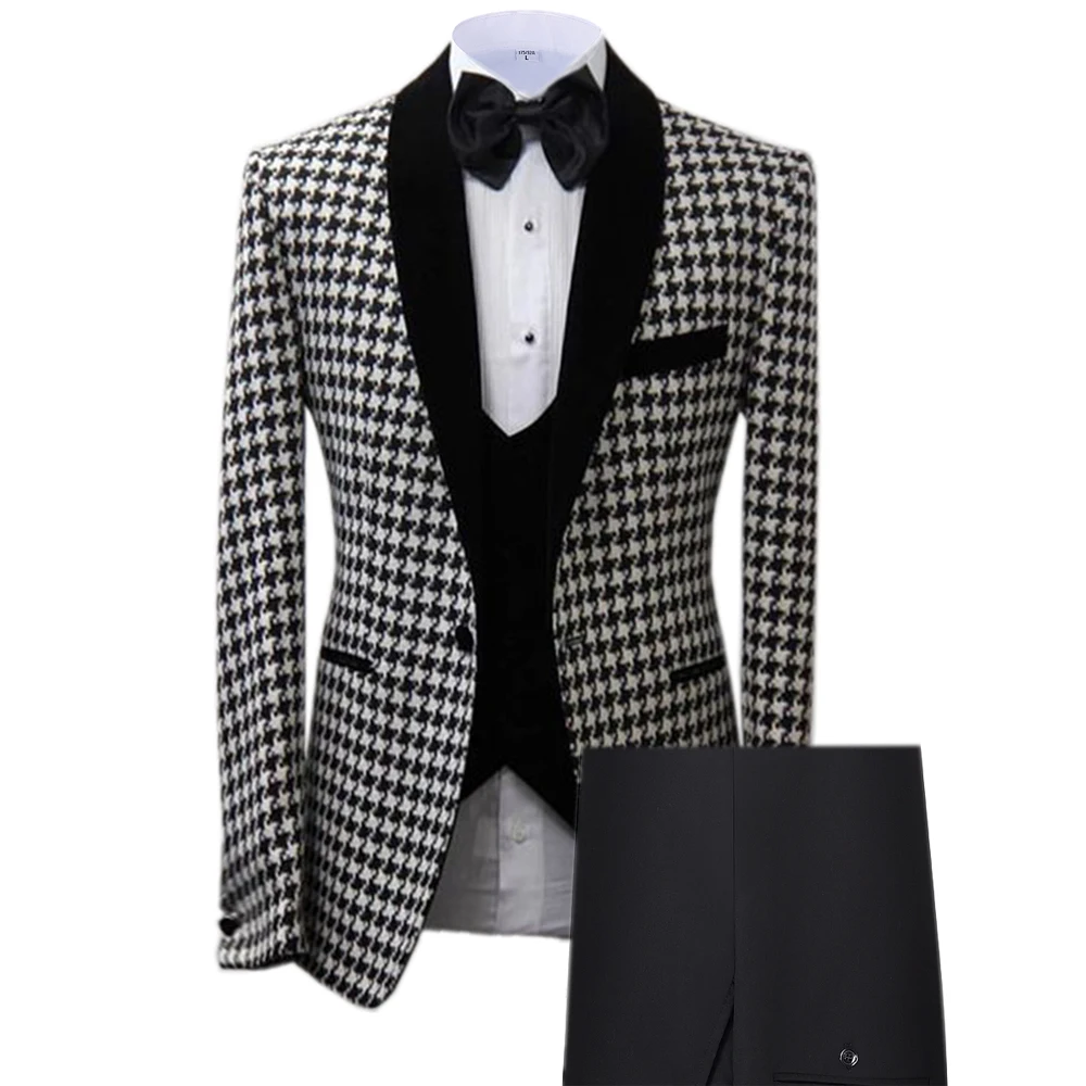 White Men's Suits 3 Piece Slim Fit Shawl Lapel V Neck Tuxedos Groomsmen for Wedding Suits Men 2019 (Jacket+Pants+Vest)