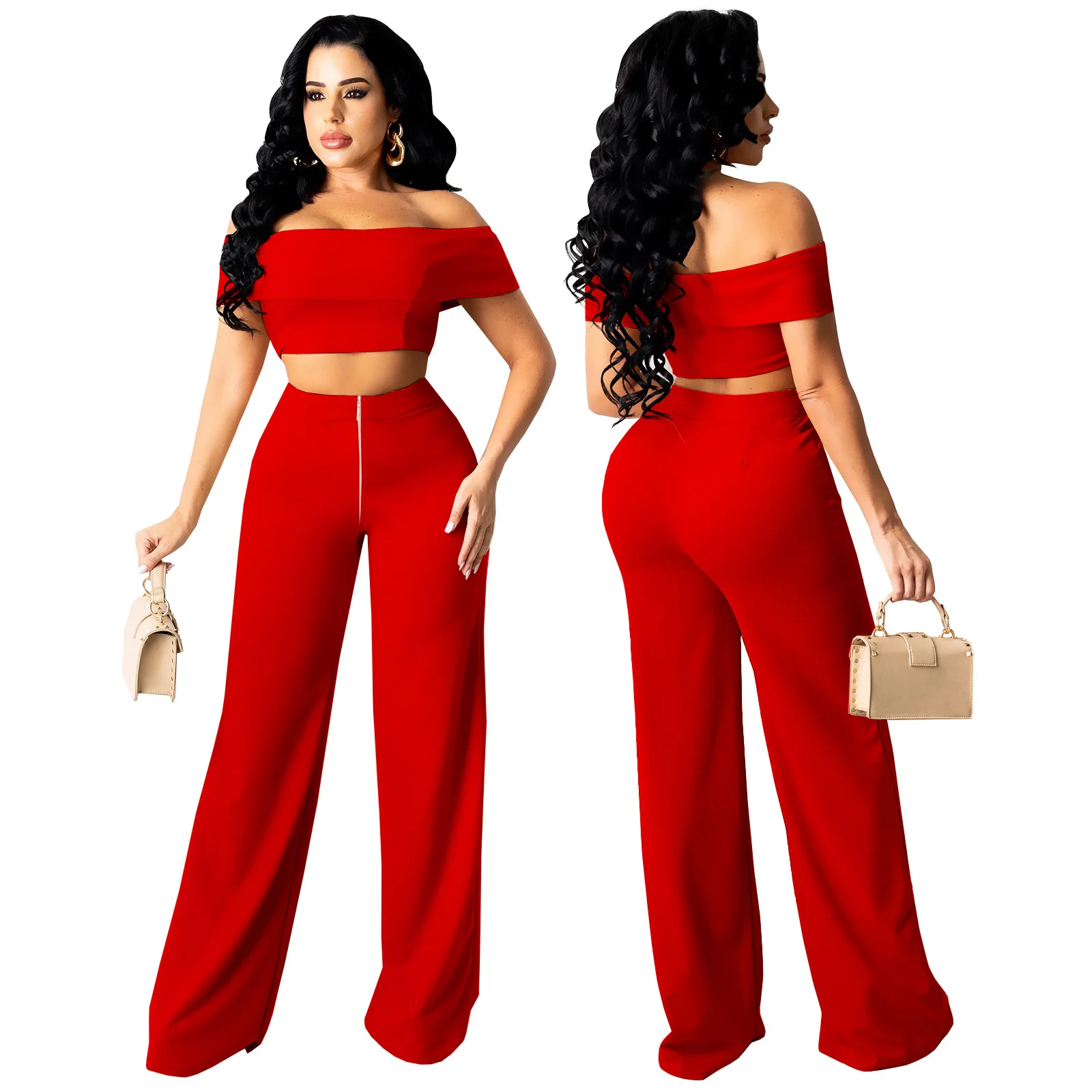 

Office Lady Fashion 2PCS 2021 Summer Short Sleeves Slash Neck Tops Zipper Wide Leg Loose Pants Outfits Nightclub Party 4 Colors