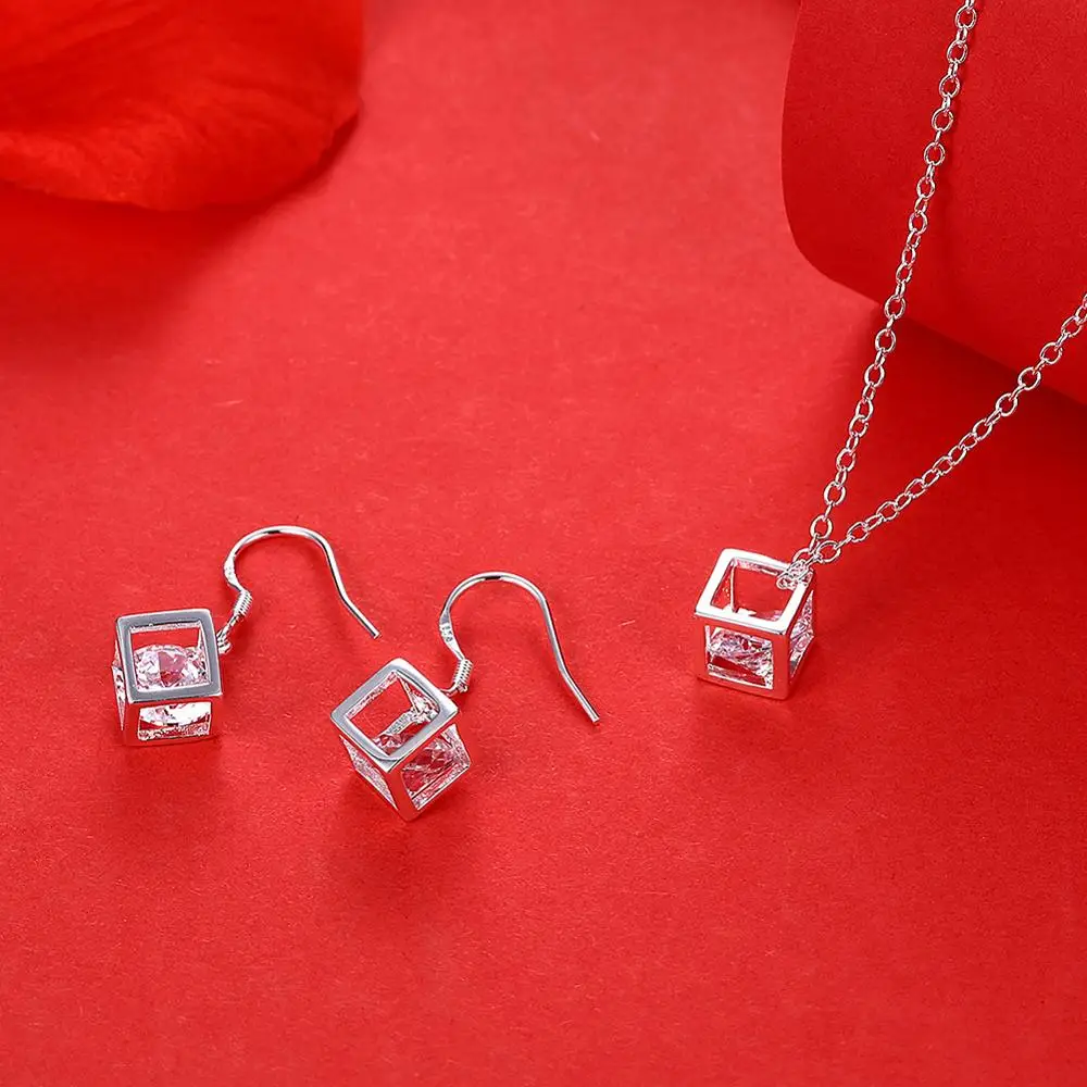 

925 Sterling Silver Fine Jewelry Sets Zirconia Square Crystal Cube Pendant Necklace Earrings Jewlery Set For Women Gift 2-piece