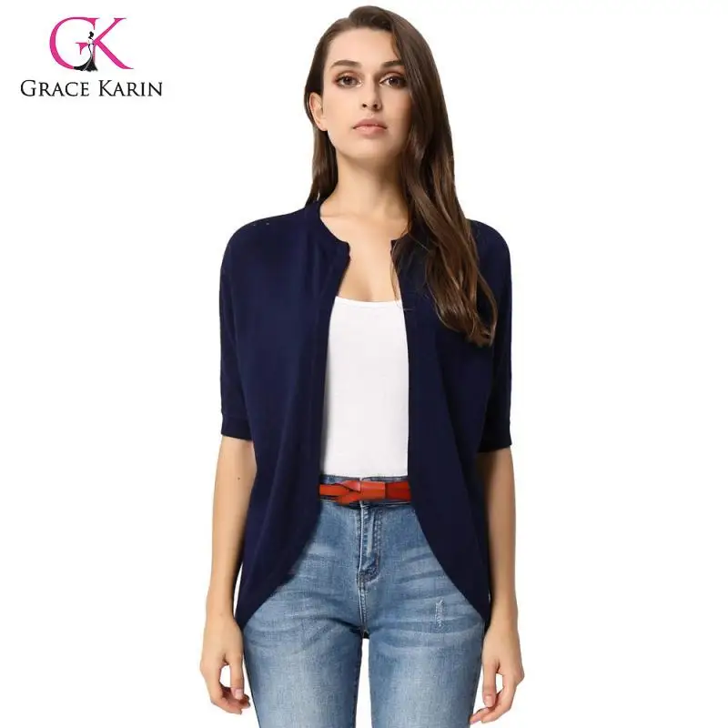 

Grace Karin Knitted Coat Women Short Comfy 1/2 Sleeve Open Front Irregular Hem Hollowed-Out Knitwear Coat Autumn Tops Solid Coat