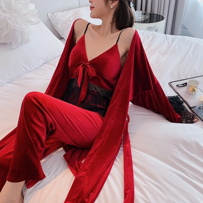 

Autumn Winter Warm Pajamas Set Sexy Lace Pyjamas Sleepwear For Women Velvet Nightwear Long Pant Robe