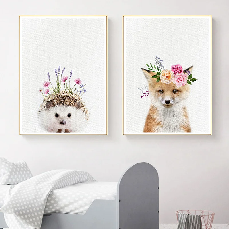 Холст картины Детские Ежик с цветочной короны настенный художественный принт