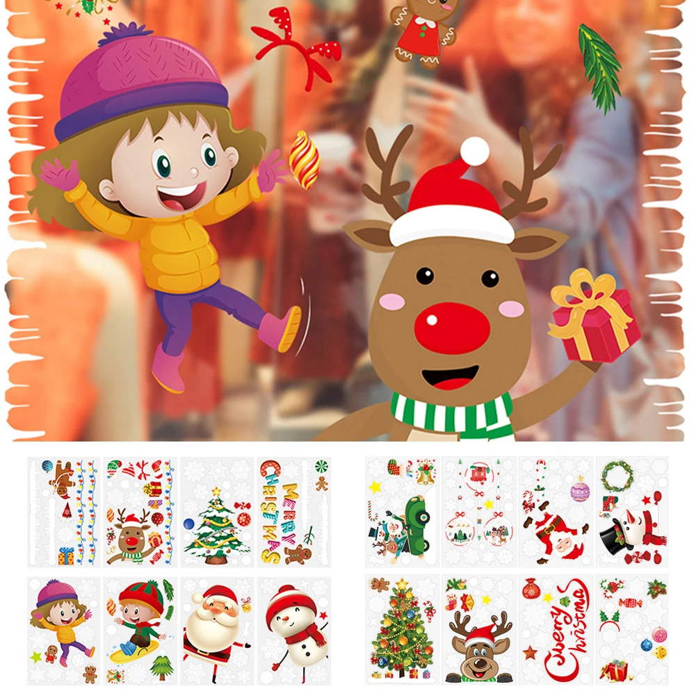 

Christmas Window Wall Stickers Double Side Static Sticker Santa Claus Deer Xmas Tree Room Snowflakes Merry Christmas Decor