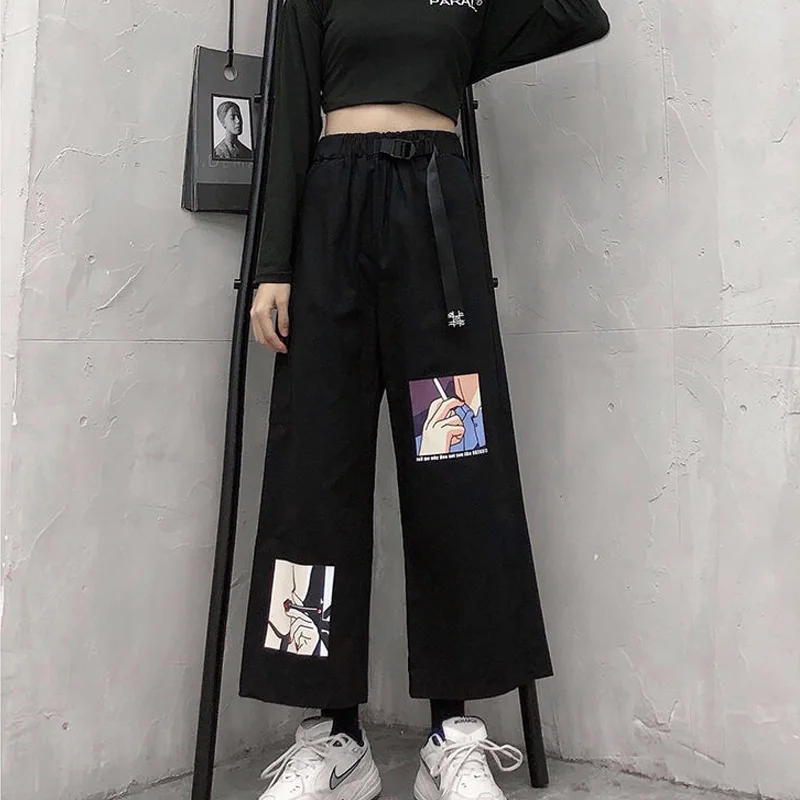 

Streetwear Women Loose Elegant Wide Leg Pants Women Korean Harajuku Trousers Cartoon Pantalon Femme Palazzo Pants With Belt