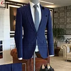 Новейшие Классические роскошные синие полосатые мужские костюмы 2 шт. приталенный свадебный смокинг для лучшего Мужчины костюм для жениха элегантный деловой пиджак брюки 2022