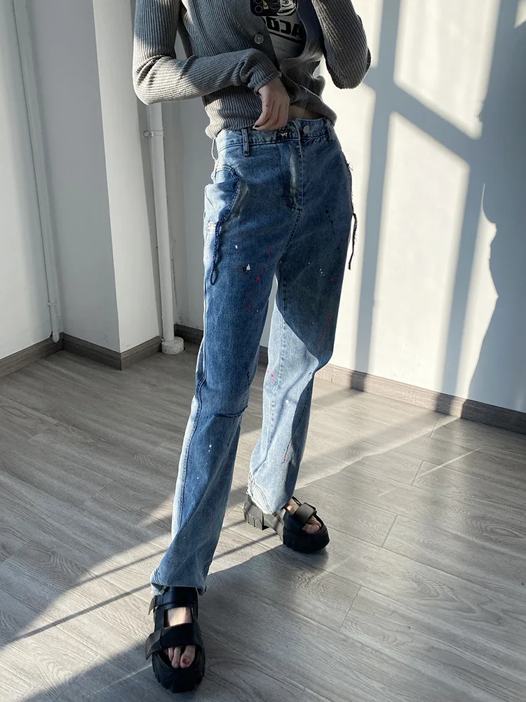 

Jeans Pants Women Fall 2021 New High-Waist Slim Loose Ripped Jeans Women's Splash Painted Pants Long Pants