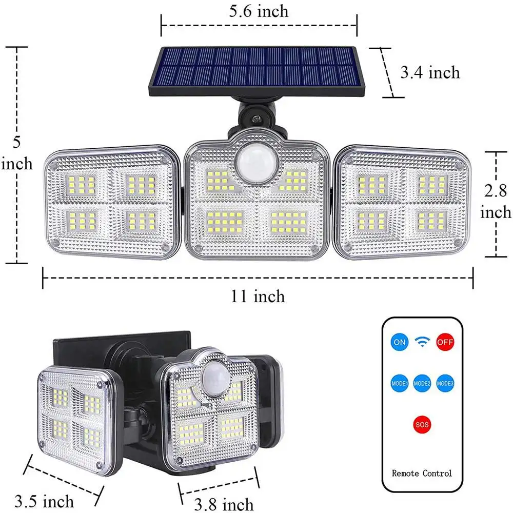 

122LED Solar Led Light Outdoor Solar Lights Garden Solar Cell Sunlight 3 Head Motion Sensor 270 Wide Angle Waterproof Wall Lamp