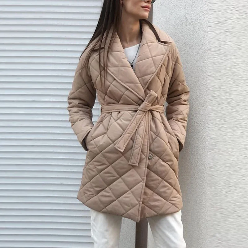 

Женские длинные прямые зимние пальто, однотонные повседневные парки с ромбовидным узором и поясом, с карманами и адаптированным воротником...