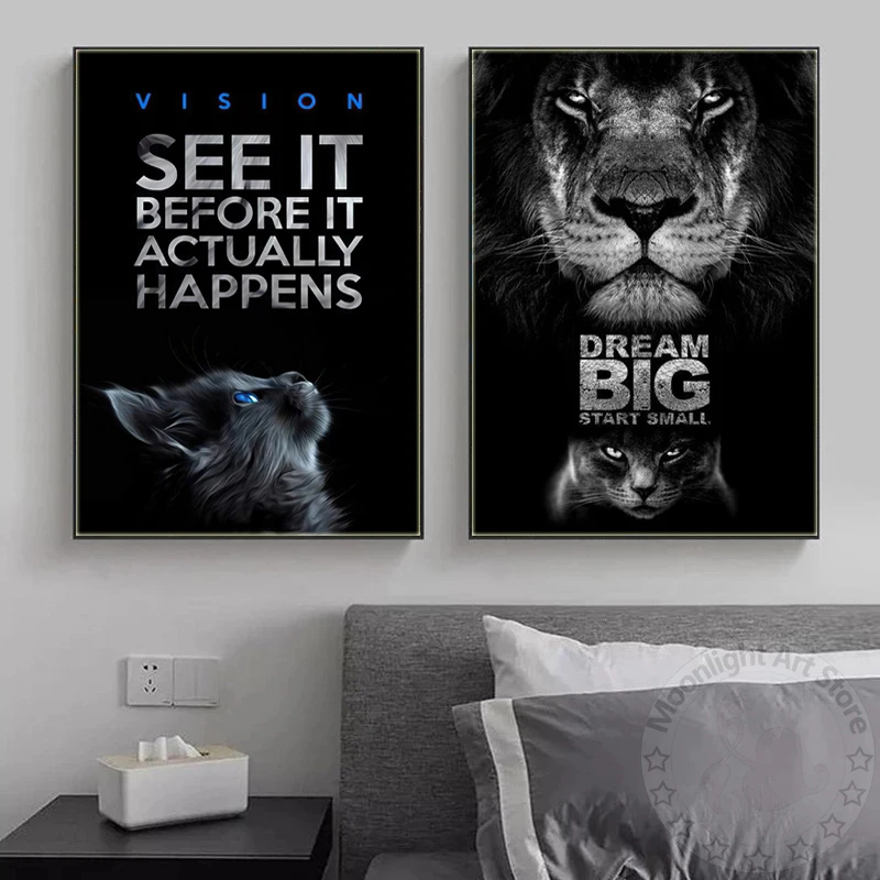 

Animals Motivational Quote Canvas Painting Inspiration Black Lions Poster Prints Cat Wall Art Picture for Living Room Home Decor