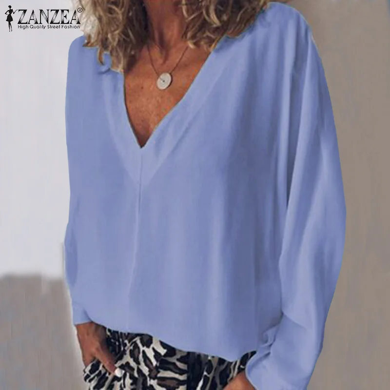 Фото Блузка ZANZEA Женская Повседневная Базовая модная рубашка с V-образным вырезом и