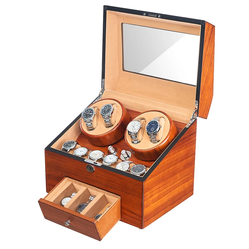 

JQUEEN 5 Modes Automatic Wood Watch Winder Display Box 4+9 Storages Fraxinus Mandshurica Ultra-quiet Japanese Motor Brown Velvet