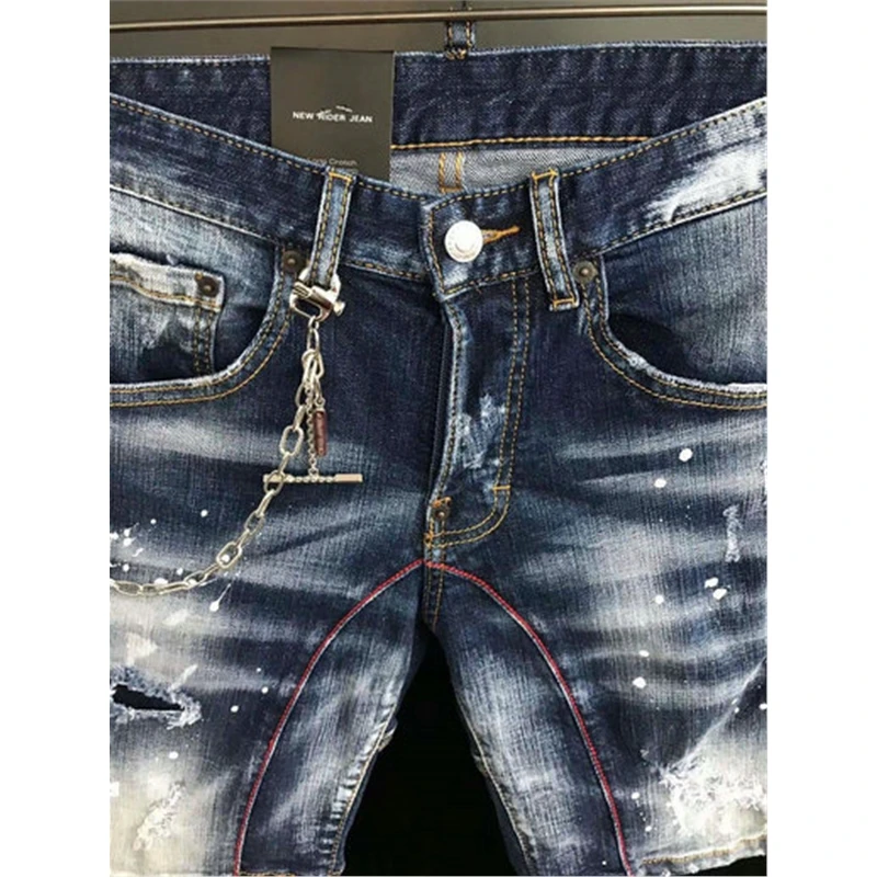 

Men's Best quality Jeans Ripped Shorts 2021 Summer New Biker Casual Vintage Slim Fit Denim Shorts Male Brand Clothes with chains
