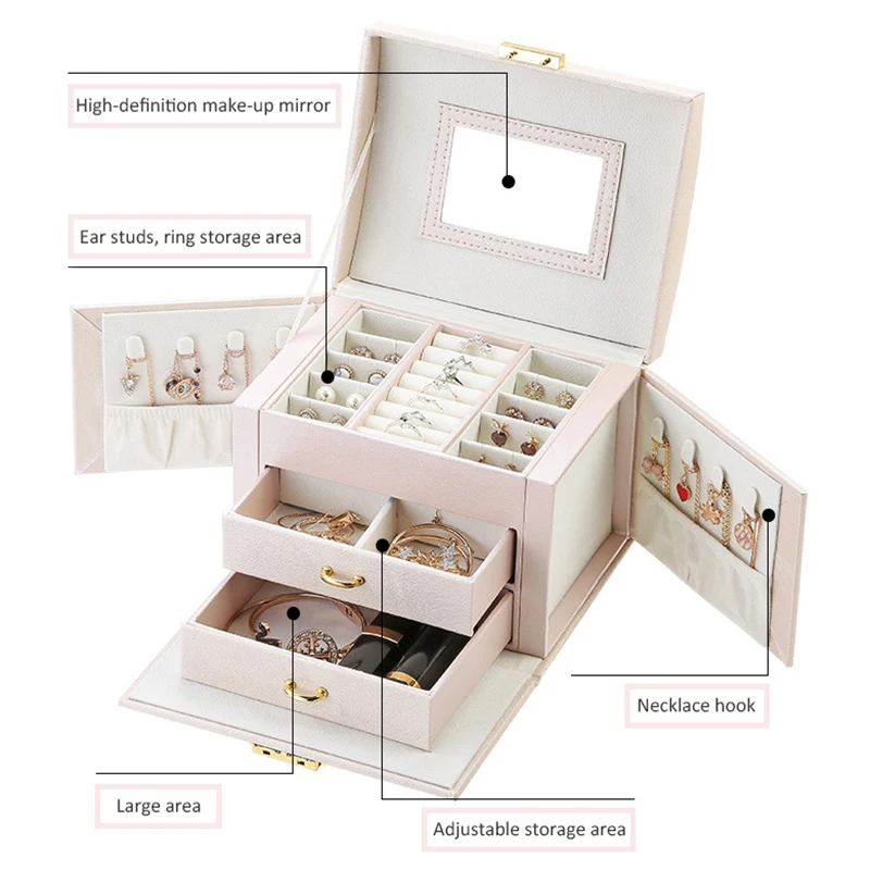 

Jewelry Box Large Capacity Drawer type Leather Storage Jewelry Box Earring Ring Necklace with Mirror Watch Jewelry Organizer