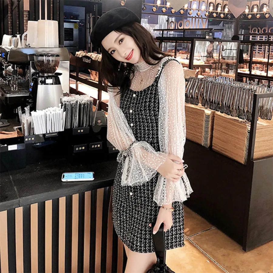 Two Pieces Set Mesh Tops Spaghetti Strap Dress Sexy Lantern Sleeve Mini Vest Dresses Ladies Fashion Elegant Party Dress New