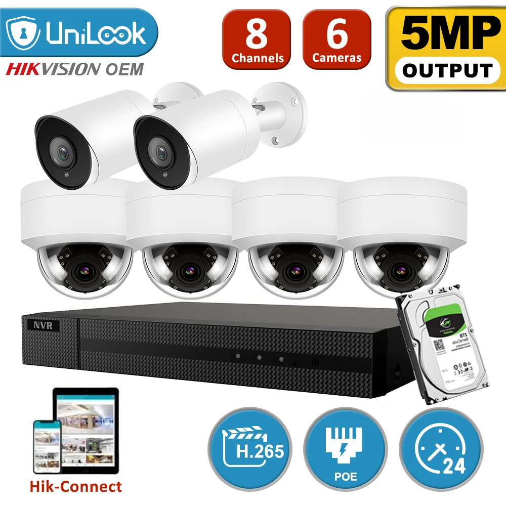 

UniLook 8CH NVR 6Pcs 5MP Bullet Dome Mixed POE IP Camera NVR Kit Security System Night Vision Motion Detection H.265 P2P