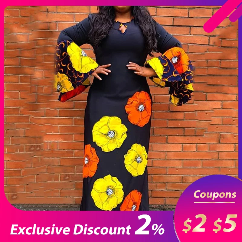 Платье женское повседневное длинное с рукавами фонариками и цветочным принтом