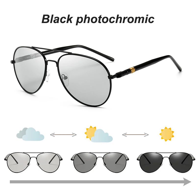 black photochromic Авиационные фотохромные солнцезащитные очки для мужчин Поляризованные для вождения солнцезащитные очки для женщин цвета Изменение солнцезащитных очков пилот Ретро Брендовые очки - Цвет линз: black photochromic
