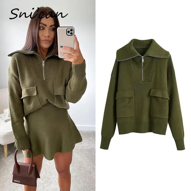 Женский трикотажный свитер с отложным воротником на молнии | Женская одежда