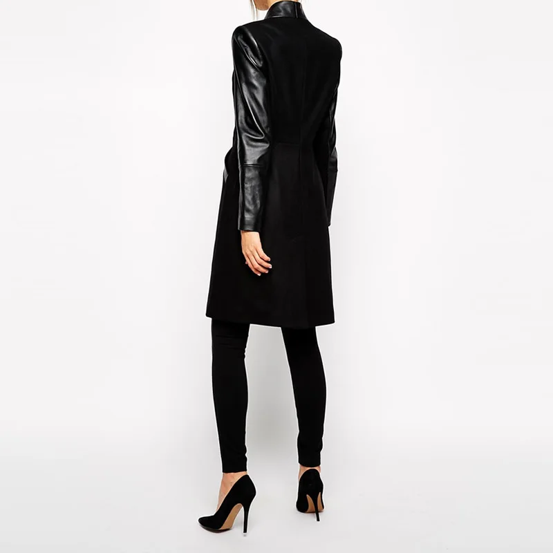 

Ukraine Spring winter Women Coat Gothic Punk Black PU Leather Patchwork Collar Splicing Jacket Long Wool Overcoat XL