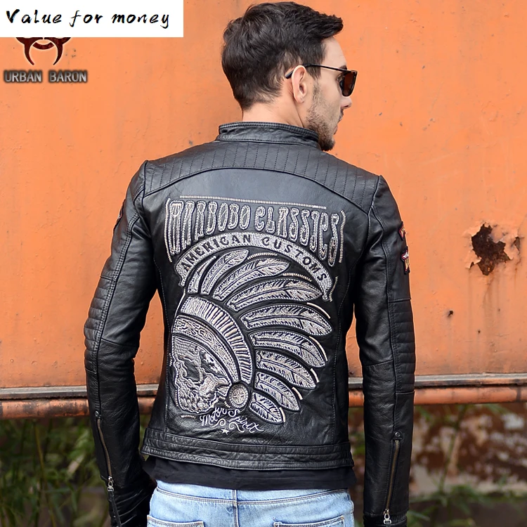 

clothing Free black men india skull leather Jackets men's genuine Leather biker jacket.motorbiker vintage