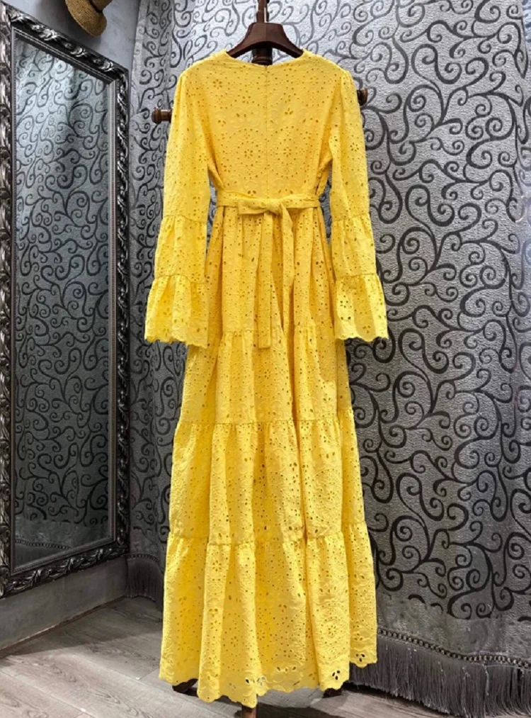 

Long Dress Yellow 2021 Spring Wedding Party Women V-Neck Allover Hollow Out Embroidery Flare Sleeve Long Maxi Dress Festival