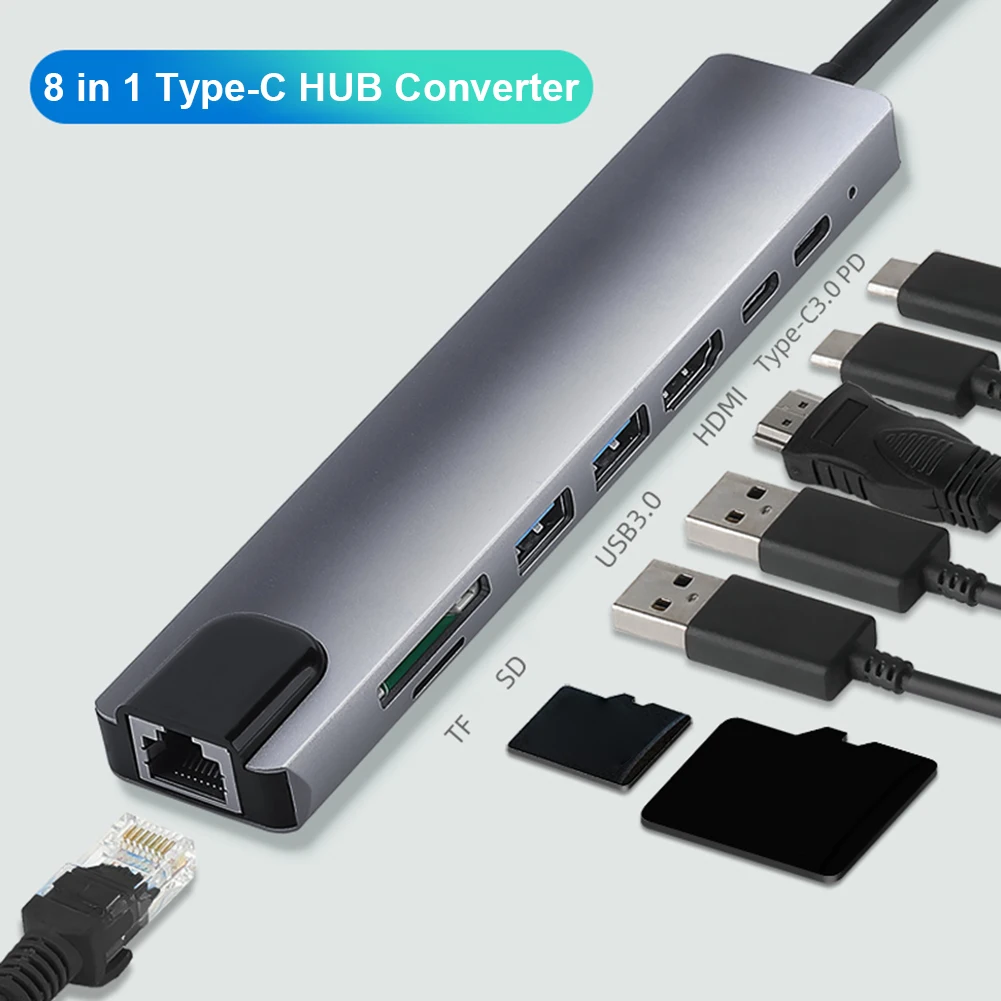 

8 in 1 USB 3.1 Type-C HUB Aluminum Alloy HDMI-compatible VGA 2 USB3.0 TF PD Audio Adapter Laptop Docking Station Power Adapter