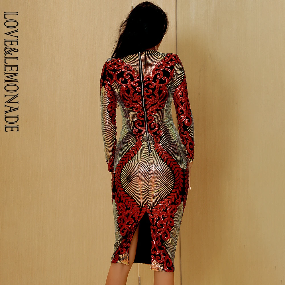 

LOVE&LEMONADE Sexy Round Neck Colorful Geometric Sequins Elastic Bodycon Whit Split Long Sleeve Dress LM6988-1