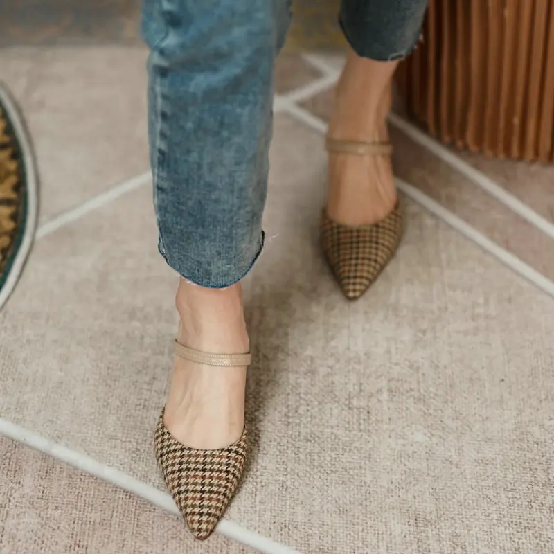 

ZawsThia 2021 Summer Genuine Natural Leather Insole Chic Plaid Tweed Checker Womens Thin High Heels Mules Slides Sexy Sandals