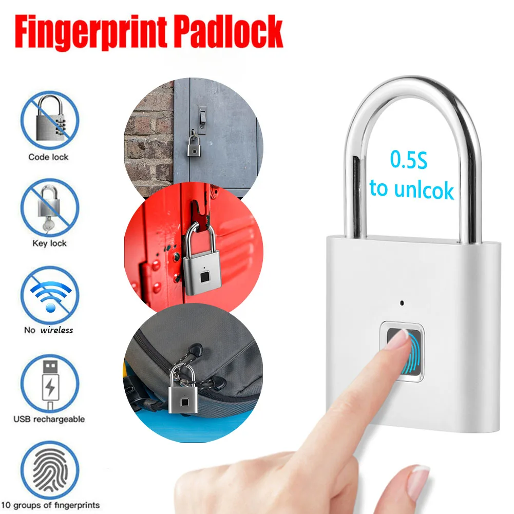 

Waterproof Smart Biometric Fingerprint Keyless Door Lock 0.5sec Unlock Portable Anti-theft USB Rechargeable Security Padlock