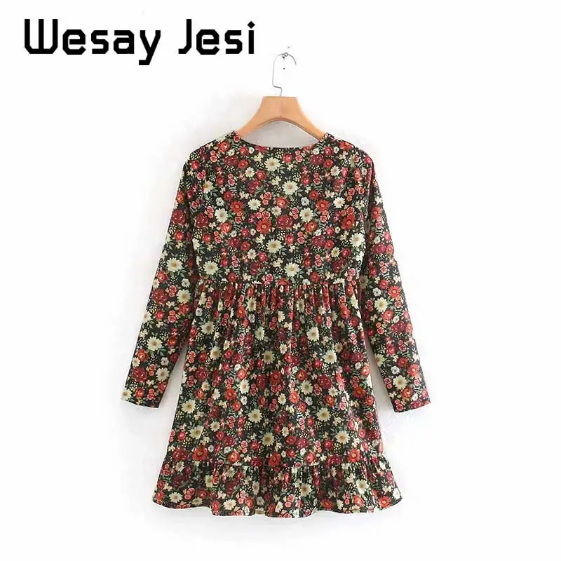 2019 Новое Женское платье в винтажном стиле с цветочным принтом Длинные рукава V