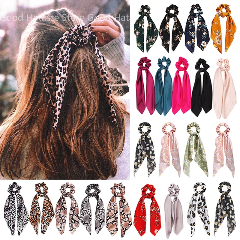 

Fashion Leopard Print Bow Satin Girls Elastic Hair Bands Long Ribbon Ponytail Scarf Hair Tie Women Scrunchies Hair Accessories