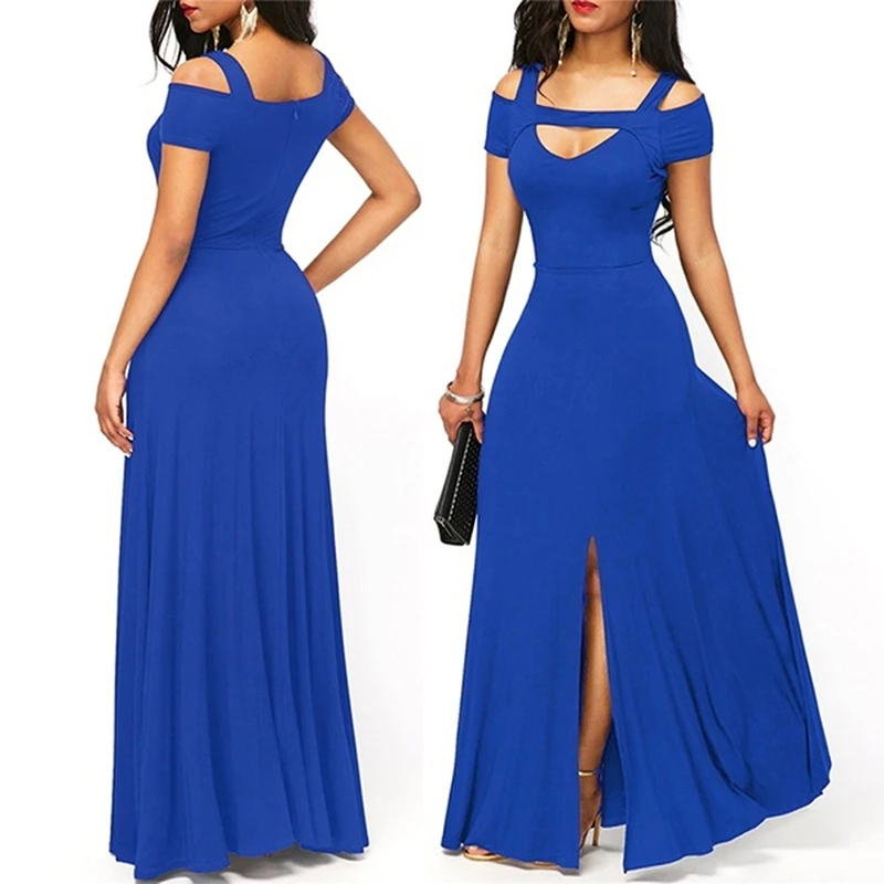 

2021 Summer Women Dress Elegant Party Evening Sexy Vestidos Blue Slim Maxi Dress Female V Neck Off Shoulder Long Robe