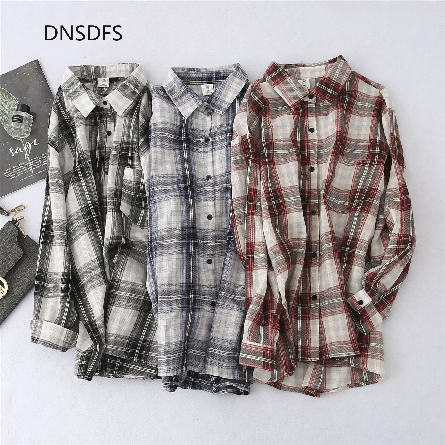 

Клетчатая рубашка, женские топы, свободная Длинная блузка в стиле Харадзюку, ретро, шикарные тонкие рубашки на пуговицах, корейские модные б...