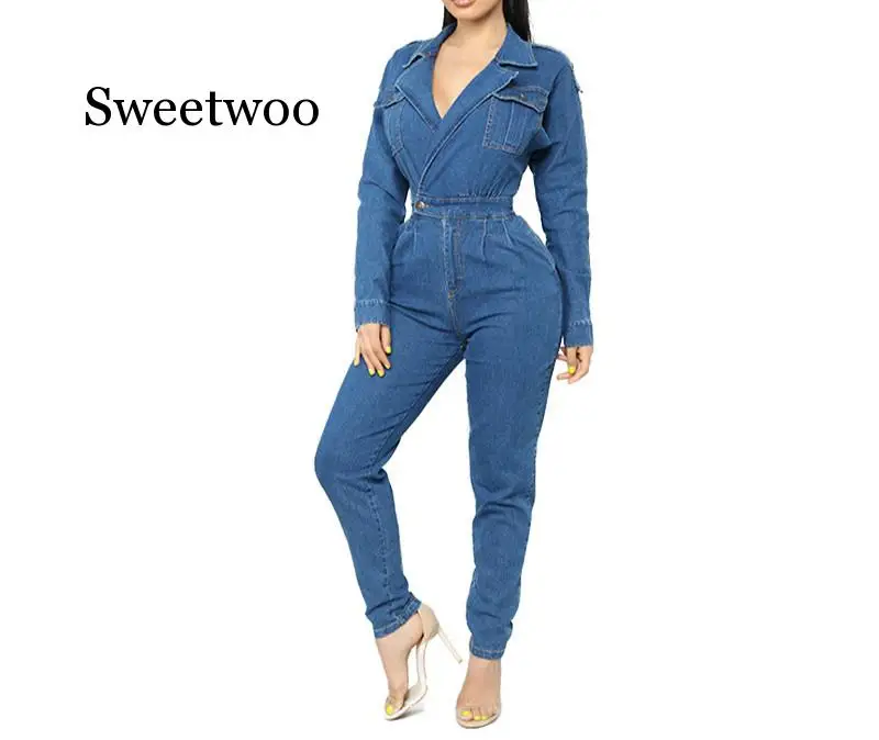 

2020 Women Denim Jumpsuit Ladies Long Sleeve Jeans Rompers Female Casual Plus Size Denim Overall Playsuit With Pocket