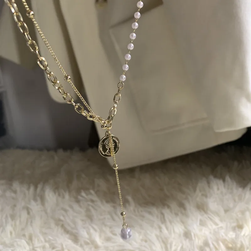 

Punk Necklace Multi-Layer Chain Necklace Pearl Gold Coin Pendants Necklace for Women Men Metal Chains Hip Hop Goth Jewelry Gifts