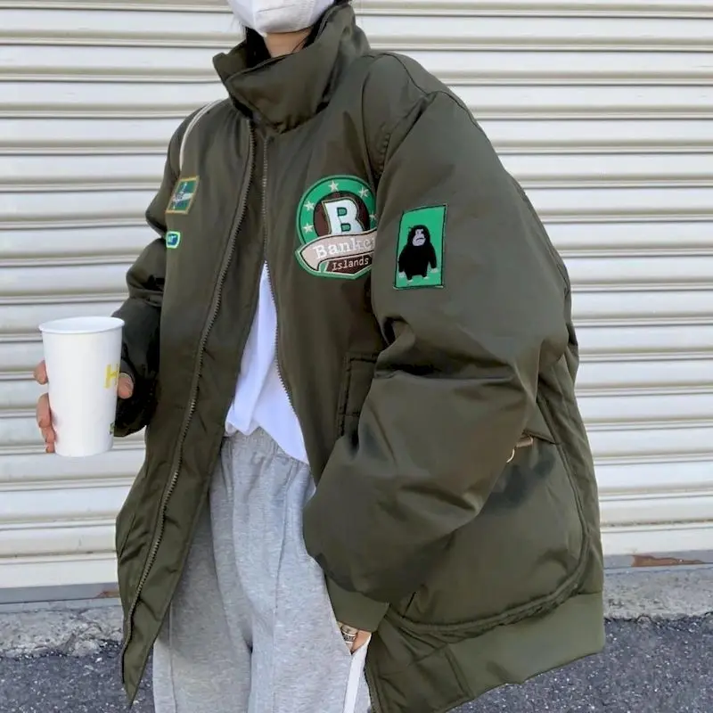 

Женские парки, куртка, бейсбольная униформа, зимние хлопковые куртки, американская ветровка на молнии с большими карманами, теплые женские ...