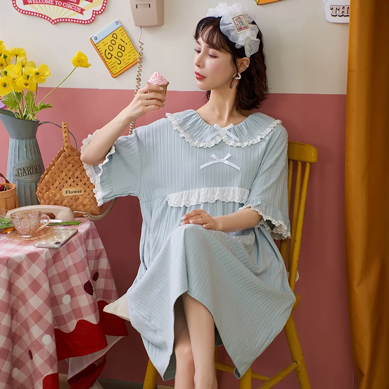 Nightdress Women's Summer New 2021 Pure Cotton Princess Style Court Style Spring Nightwear Short Sleeve Home Wear Sleepwear