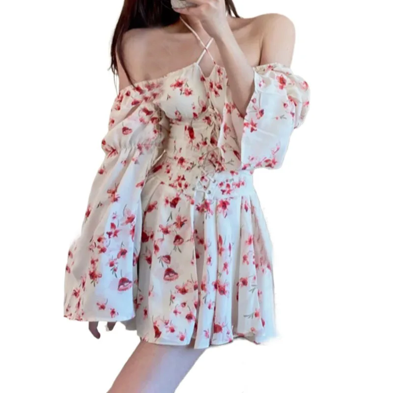 

Y2K Design Sexy Vingate Mini Dress Women Long Sleeve elegant Floral Dress Casual One Piece Dress Korean Office Lady 2021 Summer