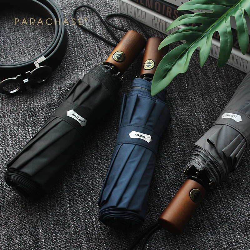 Автоматический солнцезащитный мужской алюминиевый складной зонт с деревянной