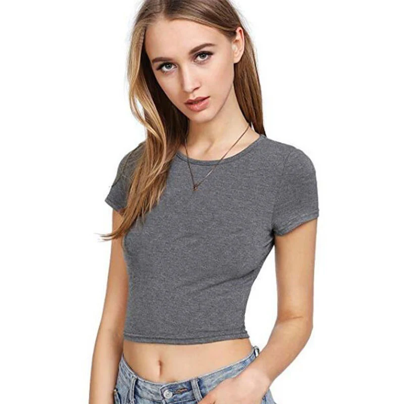 

2021 Summer Fashion Tees Crop Top Women T-shirt Solid Color O-Neck Short Sleeve Female T-shirt Tops Sexy Cropped Femme T-Shirts