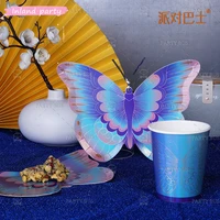 1sets of disposable tableware pink series butterfly shape disposable plates cups napkins birthday party decorations kids
