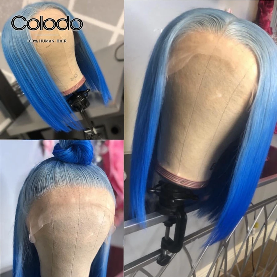 Ombre Blue Колодо 150% плотность зеленый парик человеческие волосы боб кружевные передние парики для женщин бразильский Remy Ombre Фиолетовый парик с предварительно выщипанными волосами - Цвет волос: Ombre Blue